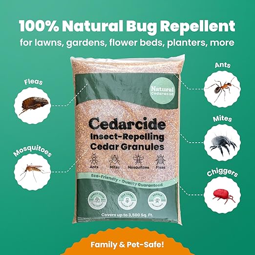 Cedarcide Original Cedar Granules – Flea Tick Mosquito &amp Spider Repellent for Yard Lawn Patio &amp Garden – Outdoor Insect Control – for Use Around Pets Kids &amp Family (8 lb Covers 3500