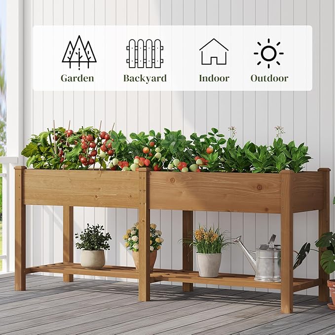 Wooden Raised Garden Bed Planter Box with Legs Garden Planter with Divider Bag for Backyard Patio Balcony Planter Stand Box for Herbs and Vegetables (Brown-L)