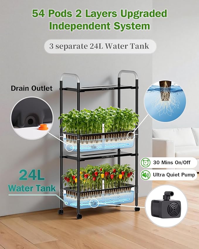 Large Hydroponics Growing System Kit Vertical Indoor Herb Garden Kit with LED Grow Light &amp Independent Water Pump 28L Movable Indoor Planter Perfect Gardening Gifts (2 Tier-54 Pods Black)