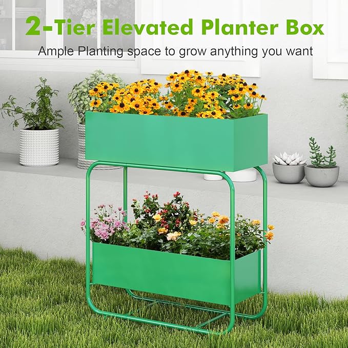 Raised Garden Bed with Legs - 2-Tier Elevated Garden Bed for Balcony Backyard Patio Outdoor &amp Indoor Metal Standing Garden Planter for Vegetables Flower(Green)