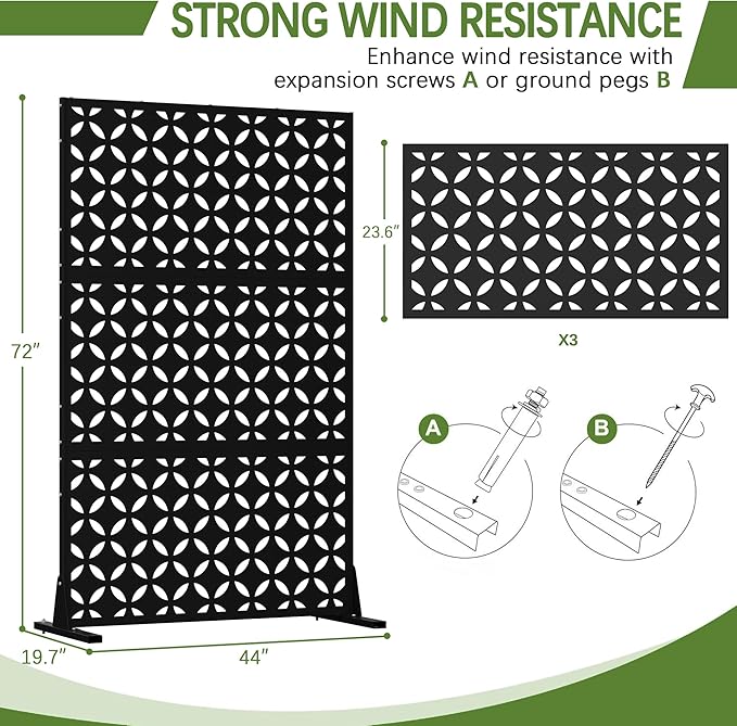 Cofar Metal Privacy Screen Outdoor 72 H×44 W -Black Freestanding Outdoor Privacy Panels with Stand Decorative Fence for Patio Deck Balcony（Clover）