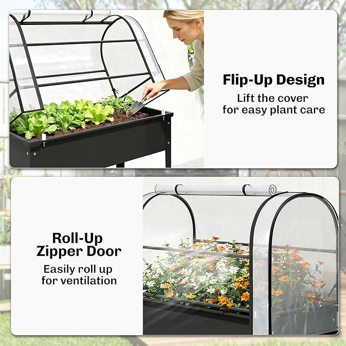 Outsunny Raised Garden Bed with Flip-Up Greenhouse Cover Metal Elevated Garden Bed with Legs and Drainage Hole Outdoor Raised Planter Box for Vegetables Herbs Flowers 39.4 x 19.3 x 53.5 Black