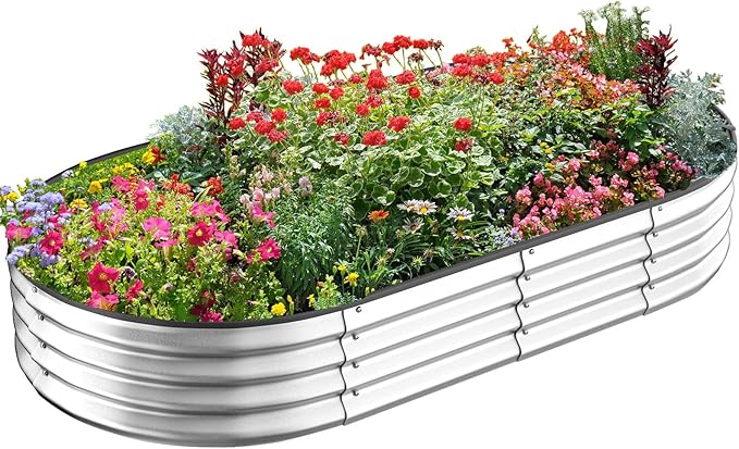 Crownland Outdoor Garden Metal Raised Garden Beds Oval Galvanized Planter Box Rubber Edge Guard for Patio Growning Fresh Vegetables Flowers Herbs and Succulents(4ft*2ft*1ft) Silvery