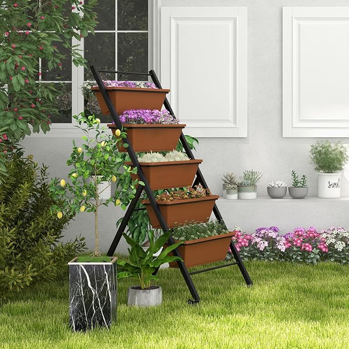 Raised Garden Bed on Wheels 5-Tier Elevated Planter Box with Removable Base Drainage Hole &amp Metal Frame Outdoor Garden Planter Container for Flower Vegetables (1 Brown)