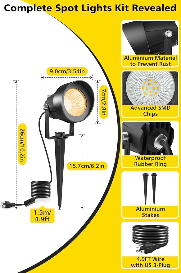 T-SUN Dusk to Dawn Outdoor Lighting Flag Spot Lights with Photocell Auto On/Off Waterproof 3000K Warm White LED Plug-in Landscape Spotlights for Garden Yard Tree Pathway Pole House