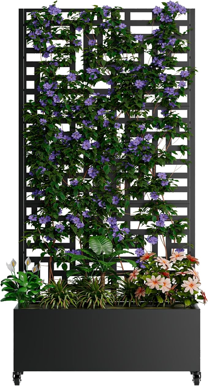 Metal Planter Box with Trellis Raised Garden Bed with Wheels Trellis Privacy Screen Planter for Climbing Plants Vegetables Vines Outdoor Garden Use Black-4