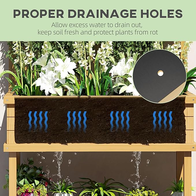 Wooden Planter Box with Trellis Elevated Raised Garden Bed for Climbing Plants Fir Wood Flower Shelf with Drainage Holes Natural 41.25 W x 17.75 D x 55 H