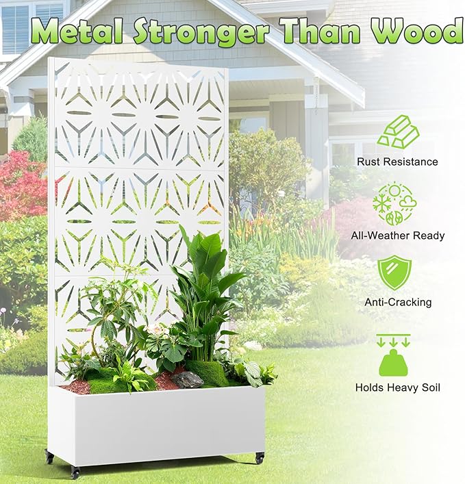 15.7×70.9×35.4 Metal Raised Garden Bed with Trellis and Wheels - Tall Trellis Planter Box for Climbing Plants Vegetables &amp Vines - Outdoor Privacy Planters for Patio (White-Star)