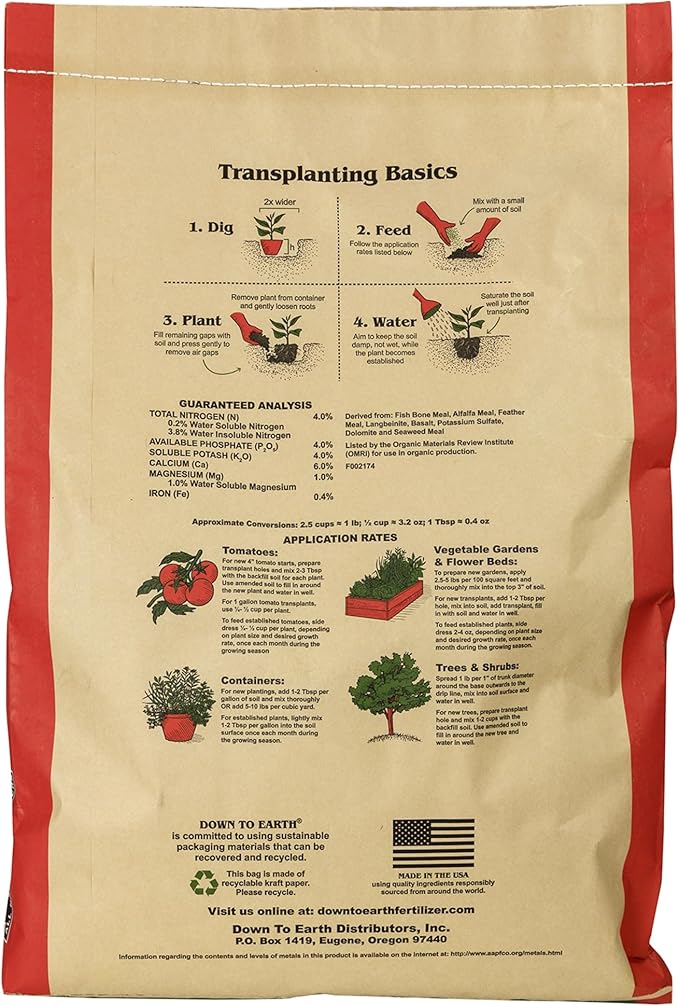 Down To Earth All Natural Fertilizers Organic Vegetable Garden - Plant Food for Vegetables Herbs Greens and Raised Beds 4-4-4 25 lb