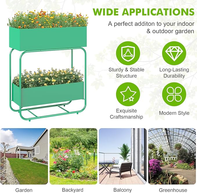 Raised Garden Bed with Legs - 2-Tier Elevated Garden Bed for Balcony Backyard Patio Outdoor &amp Indoor Metal Standing Garden Planter for Vegetables Flower(Green)