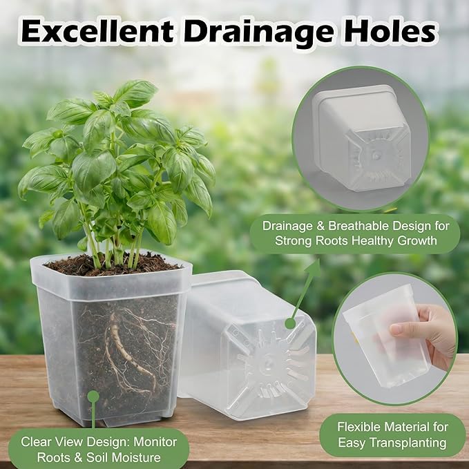 120 Packs Square Clear Nursery Pots with Drainage 2.7 Inch Plastic Seedling Pots for Indoor Plants Thickened Small Transplant Pot for Seed Starting Succulents Vegetables Lettuce Flowers