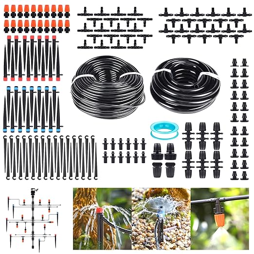 240FT Drip Irrigation System Kit for Garden Watering System with Adjustable Nozzles 1/2 &amp 1/4 inch Tubing Hose DIY Automatic Mist Cooling for Outdoor Lawn Patio Greenhouse Flower Beds Lawn Gr