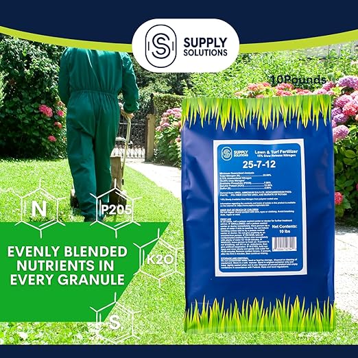 Supply Solutions 25-7-12 Lawn and Turf Fertilizer - 15% Slow Release Nitrogen Lawn Fertilizer for All Grass Types Shrubs - Turf Builder Plant Food Covers 2500 sq.ft (10lbs)