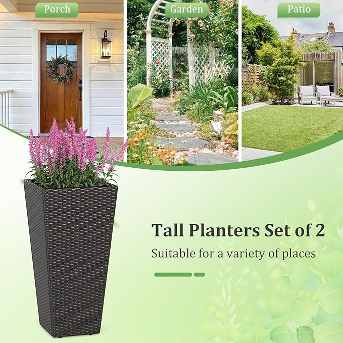 Giantex Set of 2 Outdoor Wicker Flower Pot 30 Inch Tall Planters with Drainage System PE Rattan Flower Pots Indoor Outdoor Decoration for Front Porch Balcony Entryway Dark Brown