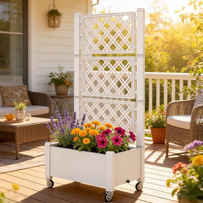 Miory 60 Raised Garden Bed with Trellis &amp Wheels Vertical Gardening Planter Box with Water Level Indicator and Drainage System for Garden Outdoor Patio Balcony