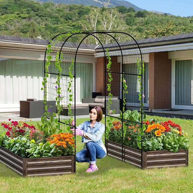 3 in 1 Galvanized Raised Garden Bed with 87 H Arch Trellis for Climbing Plants Outdoor Gardening Planter Box with Climbing Net for Flower Vegetables Fruits Herbs Wood Grain