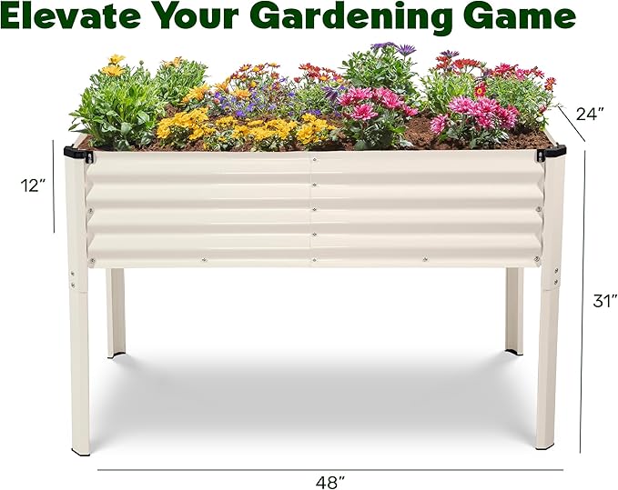 Galvanized Raised Garden Beds Outdoor with Legs // 48×24×31in Elevated Planter Box for Vegetables Flowers (White) // Large Metal Garden Bed for Backyard Patio Gardening