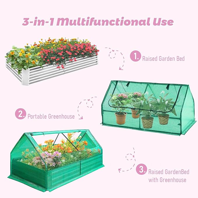 6x3x1ft Heavy-Duty Galvanized Raised Garden Bed with Greenhouse Cover Reinforced Steel Planter Box with Zippered Windows Outdoor Gardening Kit for Vegetables Flowers Planters (Green)