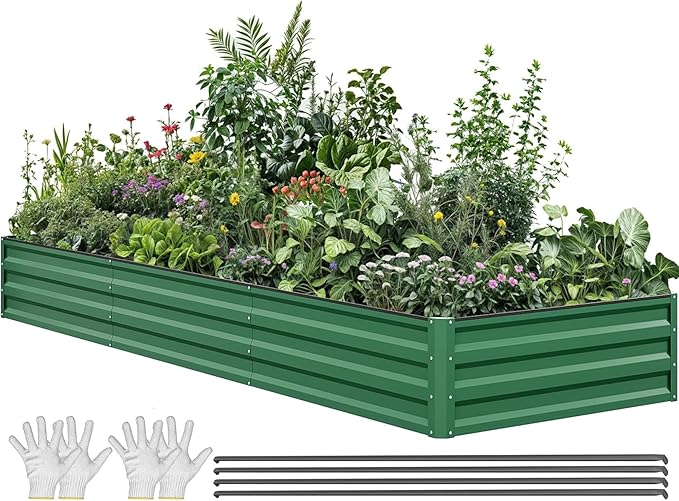 YITAHOME 144x48x12 in Galvanized Raised Garden Bed Kit Large Metal Planter Box with Gloves Safety Rubber &amp Support Rod Outdoor Flower Bed for Plants Vegetables Green