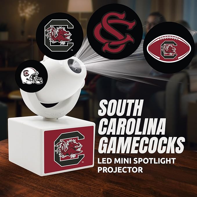 Sporticulture NCAA American Football South Carilona - Adjustable Led Mini Spotlight Projector with 6 Team Logo Designs - Portable &amp Rechargeable Spotlight - Battery-Operated - 4.375” x 3.125”