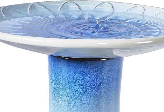 17'' Ceramic Bird Bath for Outside Elegant Tall Outdoor Bird Bath Lightweight Pedestal Glazed Birdbaths for Outdoors with Floral Pattern Blue Ombre