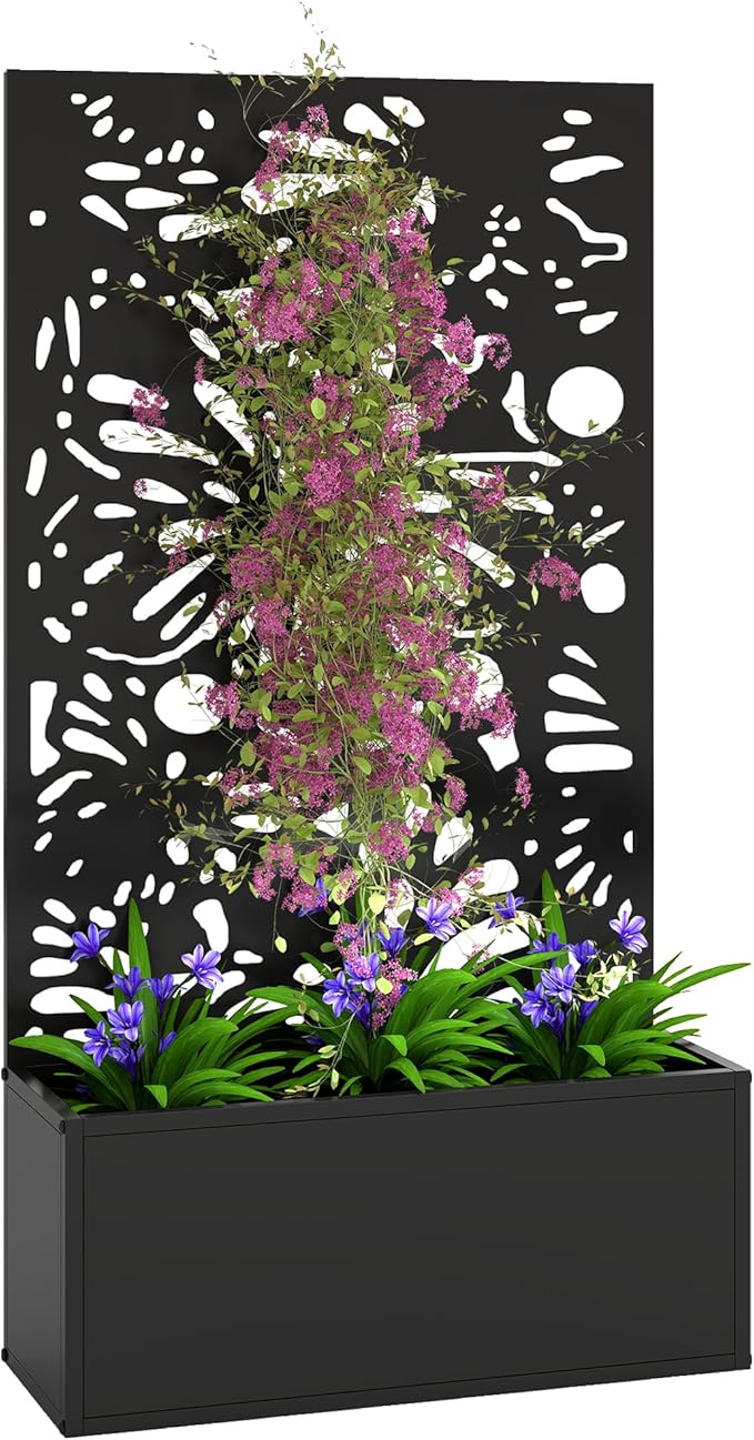 Outsunny Metal Raised Garden Bed with Trellis for Climbing Plants Freestanding or Wall Mounted Flower Bed with Privacy Panel Butterfly Cut-Out Outdoor Planter Box for Garden Patio Balcony
