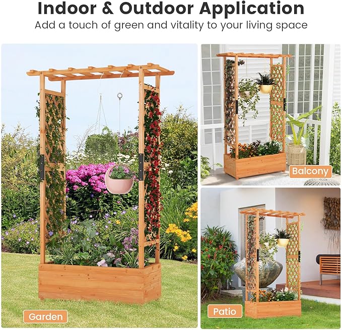 Raised Garden Bed with Trellis Set of 2 Wood Garden Planter w/Hanging Roof Drainage Holes for Vine Climbing Plants Elevated Planter Box for Patio Yard 43.5 x 17.5 x 72
