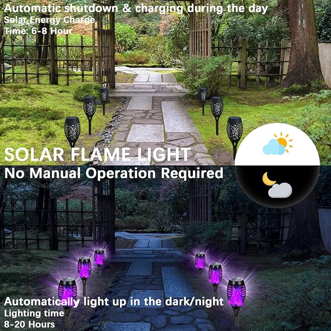 Solar Lights Outdoor Decorations Upgraded Purple Flickering Flame Waterproof Halloween Torch Lights Tiki Torches for Outside Patio Pathway Decor 6 Pack (24)