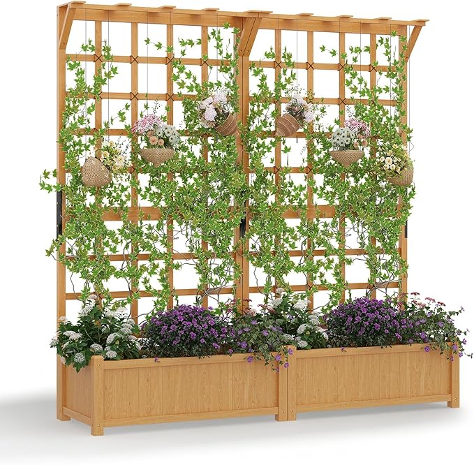 Aoxun 72 Raised Garden Bed with Trellis Wood Planter Container with Hanging Roof &amp Garden Boxes for Climbing Plants Flowers Vine (2 piece)