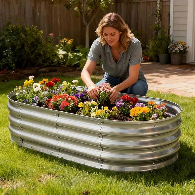 TATAANTY Galvanized Raised Garden Bed Kit Rust-Resistant Planter Garden Boxes Outdoor Oval Large Metal Raised Garden Beds for Vegetables Easy to Set Up - 4x2x1ft (2 Pack)