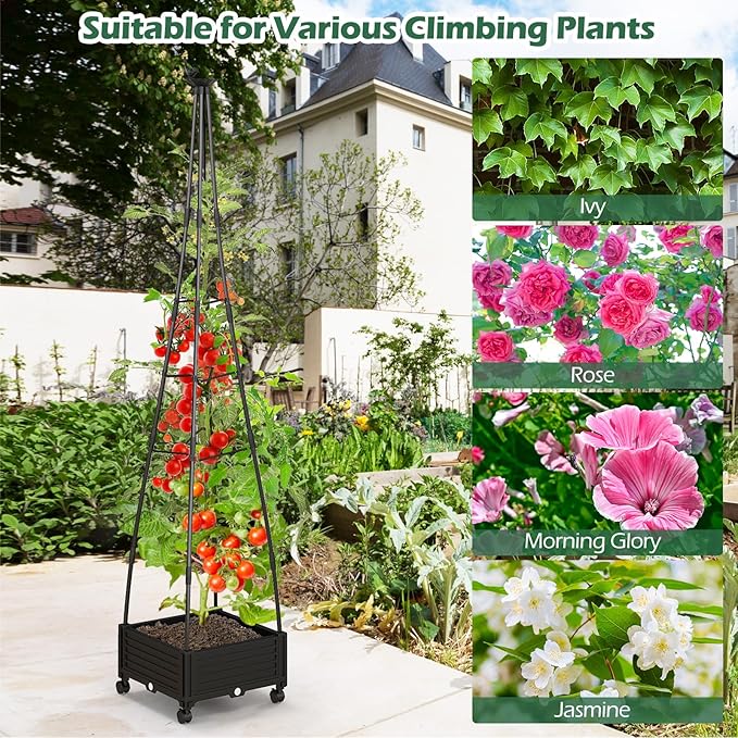 HAPPYGRILL Raised Garden Bed 81” Tomato Cage w/Self-Drainage System Adjustable Size &amp Wheels for Climbing Vine Fruits Flowers Tomato Planter Box for Indoor Outdoor Yard Lawn Patio Greenhouse (2