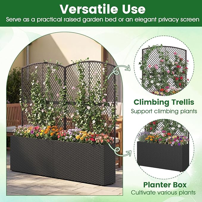 BECOMFORT 58”H Raised Garden Bed with Trellis Tall Wicker Planter Box with Privacy Screen Liner &amp Drainage for Balcony Yard PE Rattan Outdoor Flower Box for Climbing Plants Vegetables &amp Fl