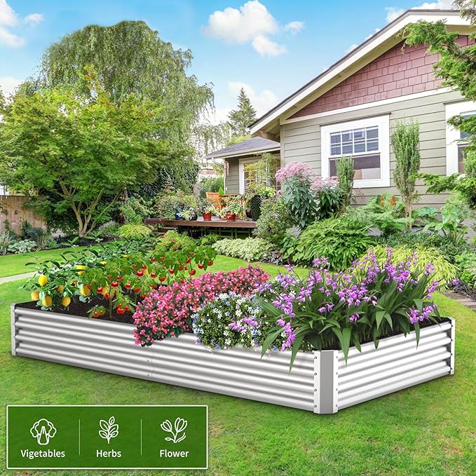 SHAREWIN Galvanized Planter Raised Metal Garden Bed Kit for Gardening Outdoor6x3x1ft Planter Grow Garden Box Raised Flower Bed