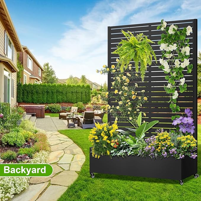 Metal Planter Box with Trellis 72x47x16 Metal Raised Garden Bed with Trellis Trellis Planter Box with Drainage Holes &amp Lockable Casters for Climbing Plants Vegetables and Vines
