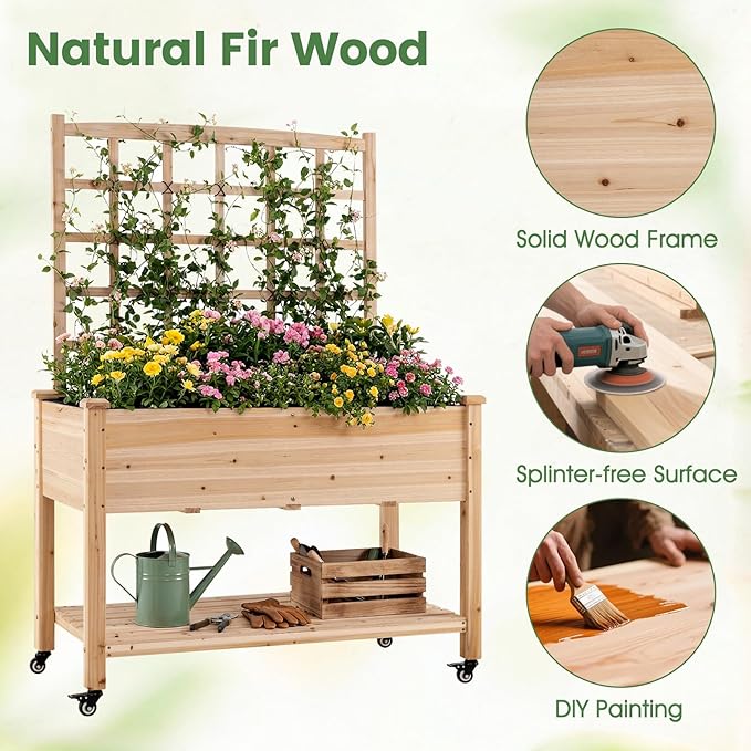 Giantex 65'' Wooden Raised Garden Bed w/Trellis on Wheels Mobile Elevated Planter Box w/Legs Liner &amp Drainage Holes for Climbing Plant Vegetable Herb Flower Outdoor Garden Box Backyard Balcony