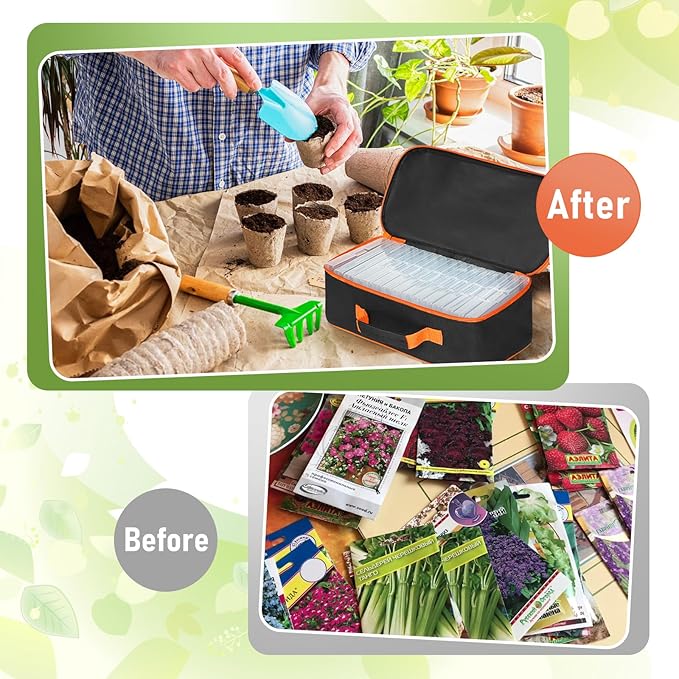 FACULX 15 Slots Seed Storage Box with 20 Seed Envelopes Large Capacity Seeds Organizer Container with Zipper Bag Label Stickers Seeds Saving Container for Garden Vegetable and Flower (Orange)
