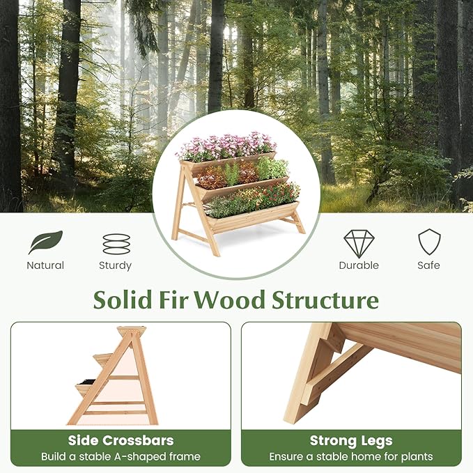 3-Tiers Raised Garden Bed Wooden Garden Planter with 3 Planter Box &amp Storage Shelf 2 Convenient Side Hooks Outdoor Elevated Plant Box Stand with Leg for Flowers Vegetables