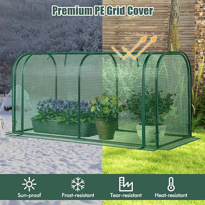 Happygrill Raised Garden Bed with Greenhouse Cover Raised Bed with Legs &amp Drainage Holes for Herbs Vegetables Outdoor Wood Elevated Planter Box for Patio Backyard Balcony (Green+Grey)