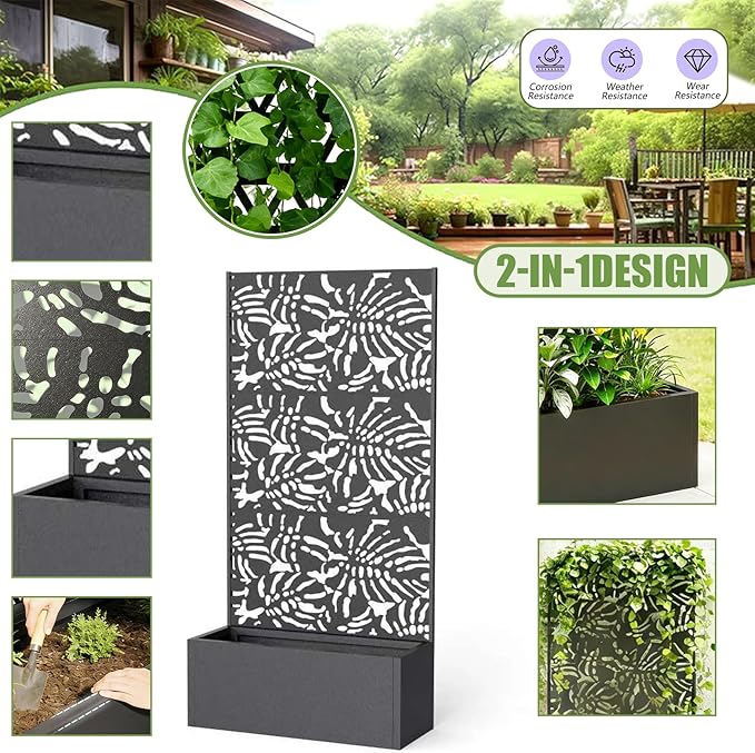 47 Metal Planter Box with Trellis on Wheels Galvanized Steel Raised Garden Bed Privacy Screen 71 Tall Mobile Vertical Garden Planter for Patio Deep Root Outdoor Climbing Plant Support Black