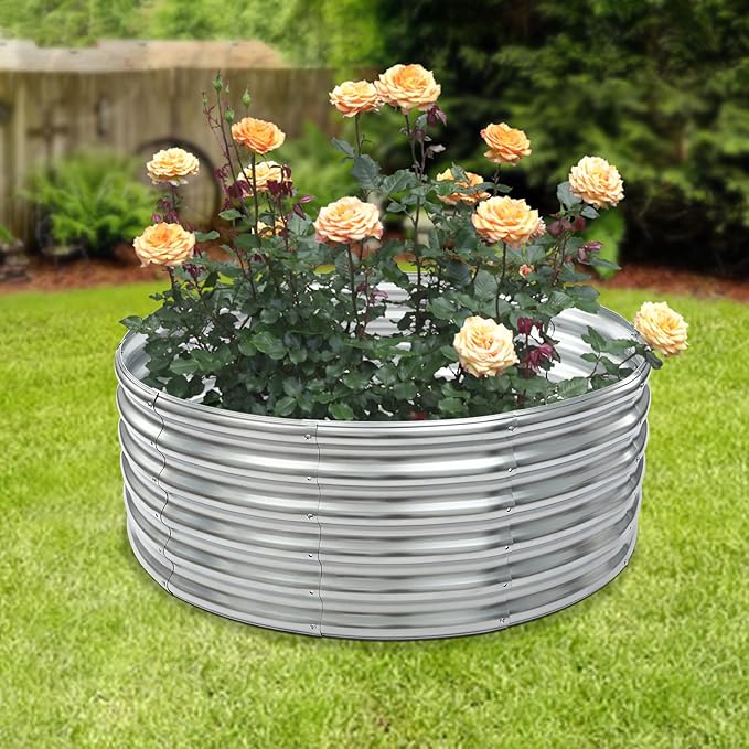 3.5x3.5x1.5 ft Round Galvanized Raised Garden Bed Round Metal Planter Box for Vegetables Fruits and Flowers Outdoor Metal Raised Bed Rust-Resistant and Easy Assembly (Silver)