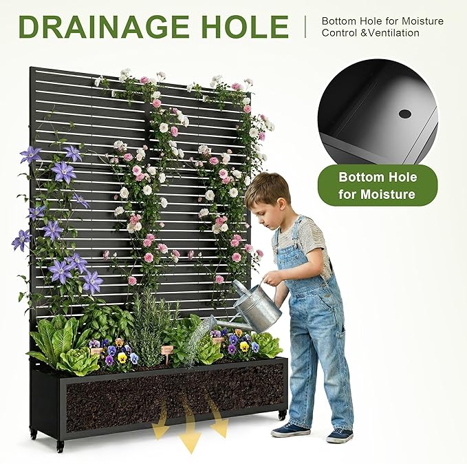 Casaphoria Metal Raised Garden Bed with Trellis and Wheels 72x47x16 Planter Box for Climbing Plants Vegetables &amp Vines Features Drainage Holes and Privacy Screen (Black-Louvered)