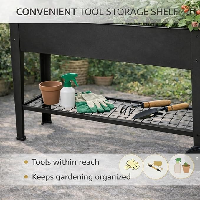 InSideOut Elevated 40 Raised Garden Bed Outdoor with Wheels &amp Shelf for Mobility Metal Planter Box for Vegetables/Herbs Patio-Balcony-Backyard (Charcoal)