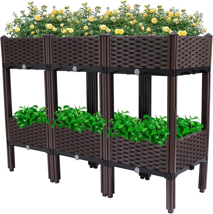 2-Layer Plastic Raised Garden Bed33.8 Inches High 39.6 Gallon Large Capacity Garden Planter Boxes for Home BalconyRattan Style Flower Pots Planter for Vegetable Fruits Flowers