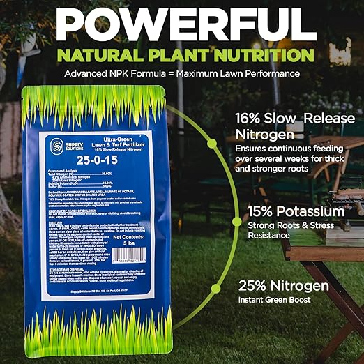 Supply Solutions 25-0-15 Ultra Green Lawn and Turf Fertilizer - 16% Slow Release Nitrogen - Promotes Lush Green Lawns and Strong Root Growth Reduces Mowing Frequency (5 Pounds)