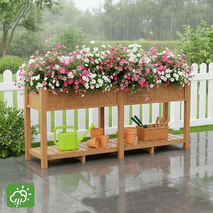 HIPS Elevated Raised Garden Bed with Legs72L x 17.3W x 28.7H Large Outdoor Planter Box with Storage RackAll-Weather Raised Bed Planters with 6 Hooks &amp 2 Non-Woven Liner for Vegetables Flower