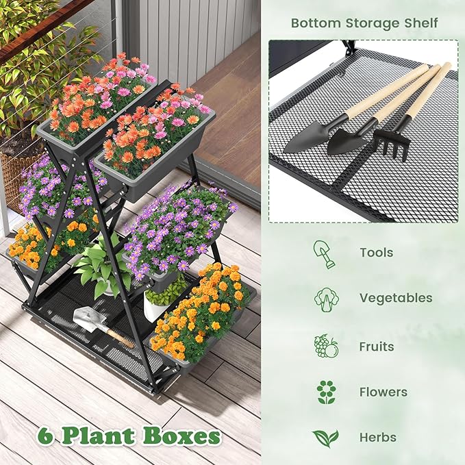 HAPPYGRILL Raised Garden Bed Vertical Garden Planter with Lockable Wheels Drainage Holes 3-Tier Elevated Planter Box for Deck Patio Balcony Perfect for Vegetables Flowers Herbs Tools