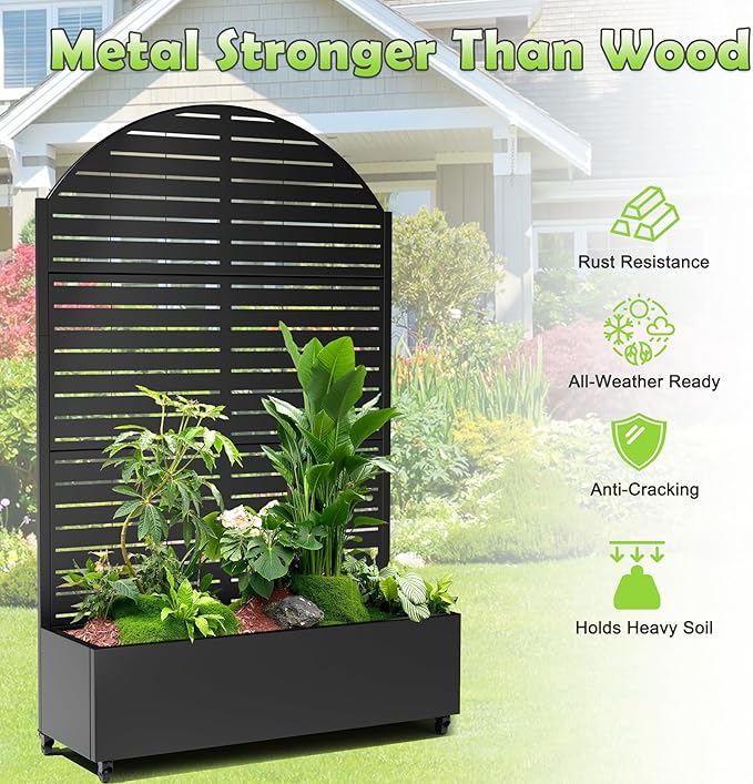 15.7×70.9×47.2 Metal Raised Garden Bed with Trellis and Wheels - Tall Trellis Planter Box for Climbing Plants Vegetables &amp Vines - Outdoor Privacy Planters for Patio (Black-Louvered)