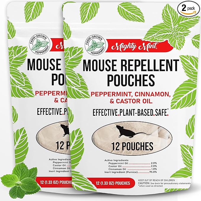 Mighty Mint Mouse Repellent Pouches – Peppermint Castor Oil &amp Cinnamon Formula – Natural Indoor Deterrent for Mice and Rodents – Plant-Based Long-Lasting Protection – 12 Count (Pack of 2)