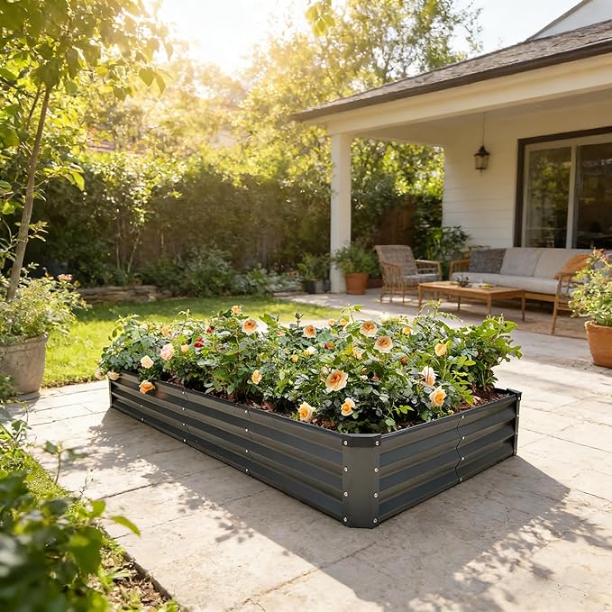 GARDMAX 8x4x1FT Galvanized Raised Garden Bed Kit Metal Planter Boxes Outdoor with Easy Assembly Large Garden Bed for Vegetables Fruits Flower Herbs Rectangle Dark Gray