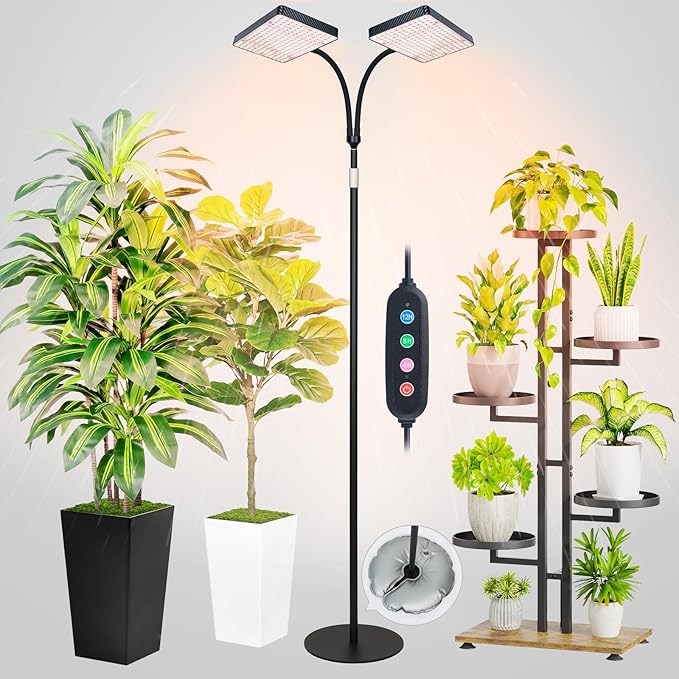 2026 2Head Full Spectrum Floor Lamp Grow Light 50 Watt Bright Grow Lights for Indoor Tall Plants Bonsai Tree Auto On/Off Daily Timer(4/8/12/16/20H) Adjustable Stand 24-78